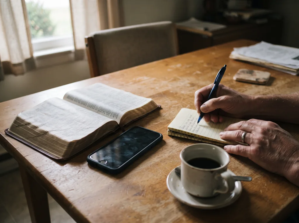 Une Bible ouverte à côté d'un téléphone, le matin