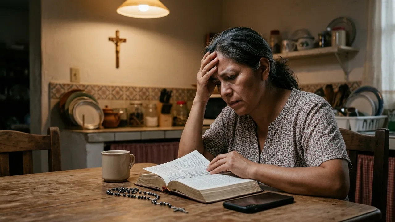 Une femme, à la table de sa cuisine, relit la même page de la Bible sans arriver à la comprendre